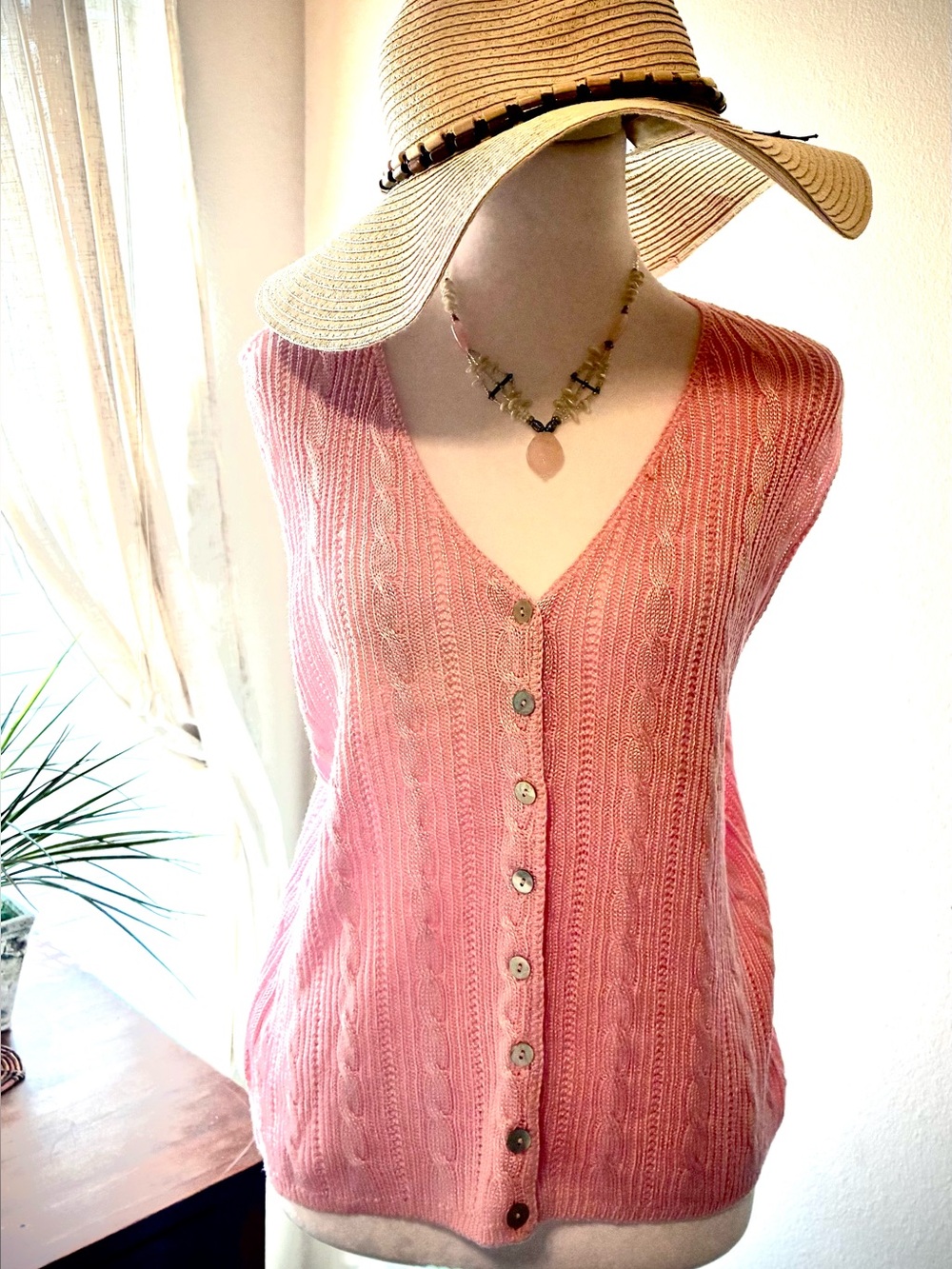 Van Heusen Pink Cable-Knit V-Neck Medium Button Vest, For Her